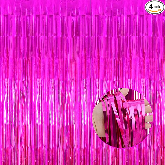 4 Pack Fuchsia Foil Fringe Curtain Backdrop,3.28Ft x 8.2Ft Metallic Tinsel Foil Fringe Streamer Curtains for Party,Photo Booth Props,Birthday,Graduation Decoration Party Supplies