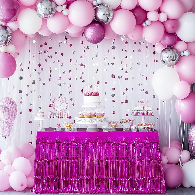 2 Pack Rose Red Table Skirts, 29x108" Metallic Foil Tinsel Fringe Table Skirts for Rectangle Tables Streamer Curtains Backdrop, Party Decorations for Birthdays Weddings Holidays