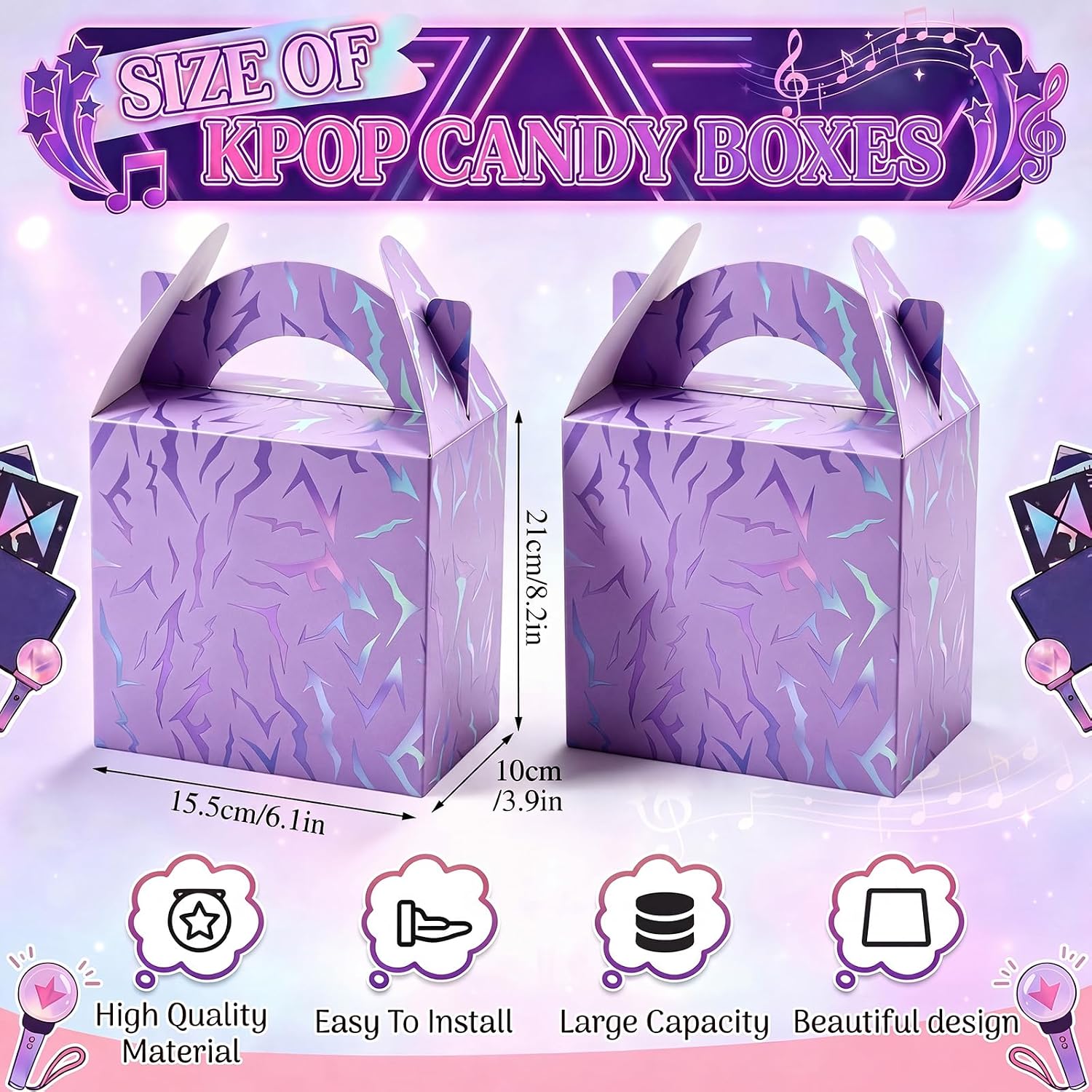 Sinload 24 Pcs Purple Kpop Theme Birthday Party Favor Treat Boxes Theme Gift Candy Boxes 6.1 x 3.9 x 8.3 in Cardboard Goodie Present Box for Birthday Party Baby Shower Movie Fans Supplies Decoration