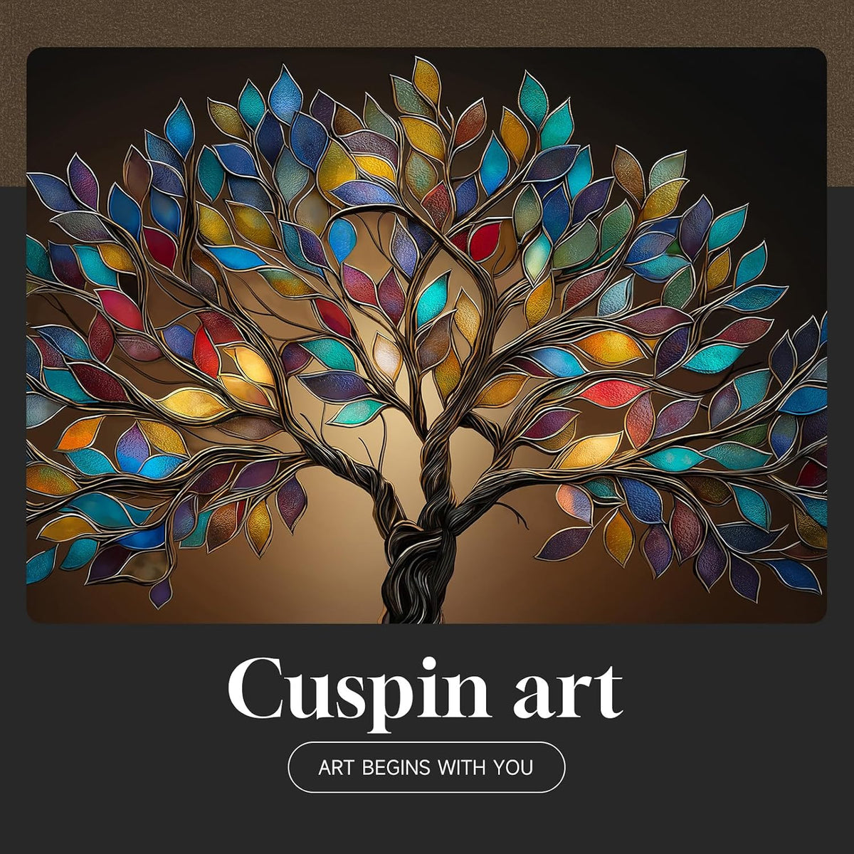 large framed modern tree of life wall art on a desk or shelf