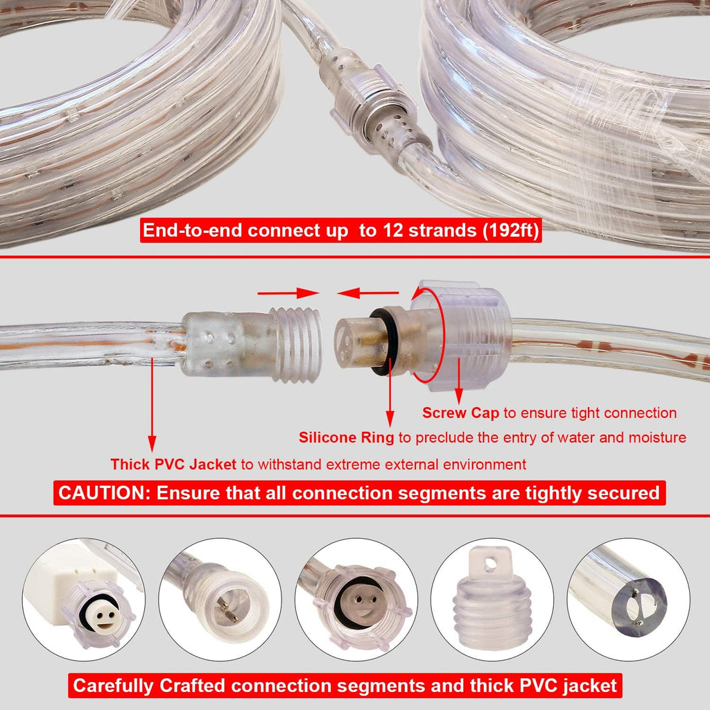 Outdoor 16ft Red LED Rope Lights, 120V IP65 Waterproof | 108 LEDs, IP65 PVC tube, ETL plug, clips and screws; connects up to 192ft for outdoor runs