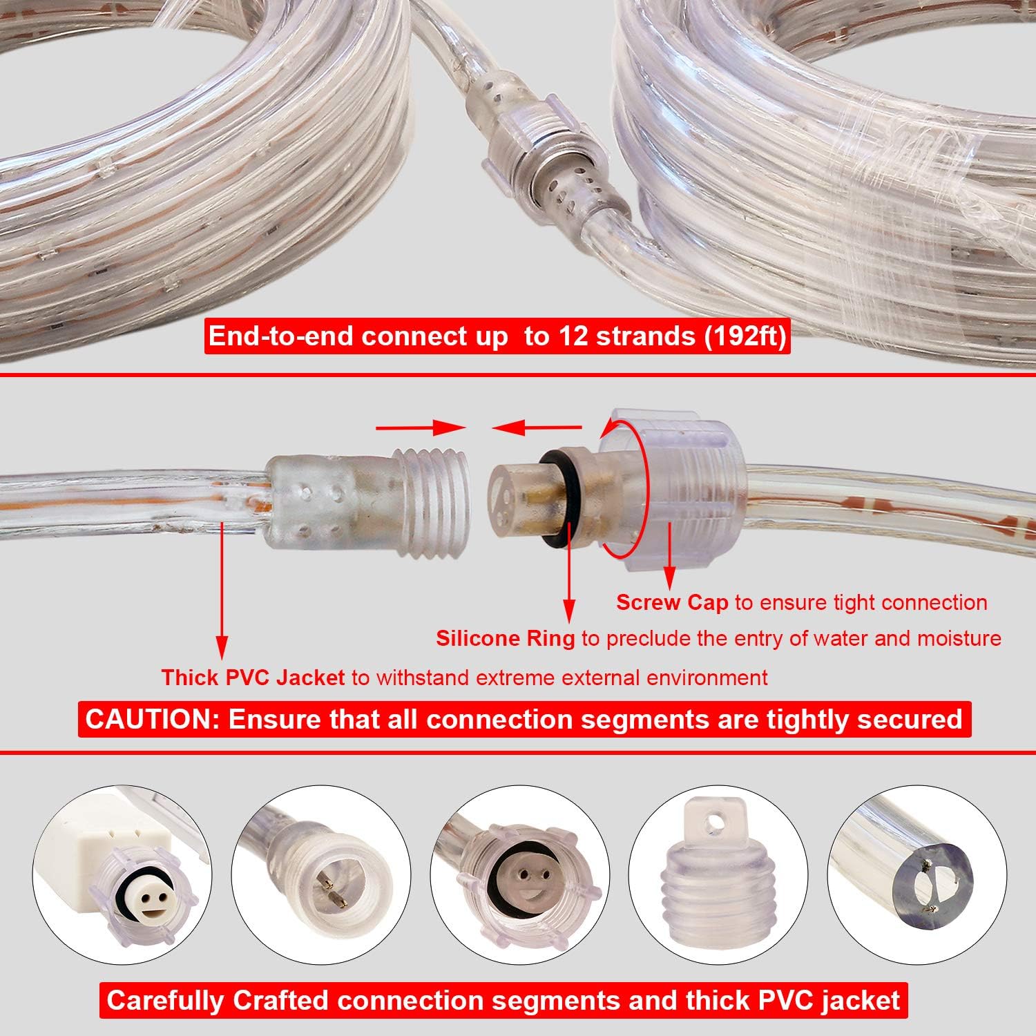 Outdoor 16ft Red LED Rope Lights, 120V IP65 Waterproof | 108 LEDs, IP65 PVC tube, ETL plug, clips and screws; connects up to 192ft for outdoor runs