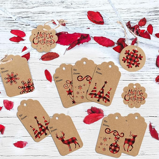LOKIPA 120 Pieces Christmas Kraft Paper Gift Tags Hang Labels with Red and Black Plaid Snowflake Christmas Tree Elk Patterns and 230 Feet Twine Rope for Christmas