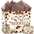 My First Rodeo Birthday Gift Bag Our Little Cowboy is Turning One Gift Bag with Tissue Paper Card Brown Wild West Western 1st Gift Wrapping Paper for Baby Boy Cowboy One Year Old Birthday Party Supply