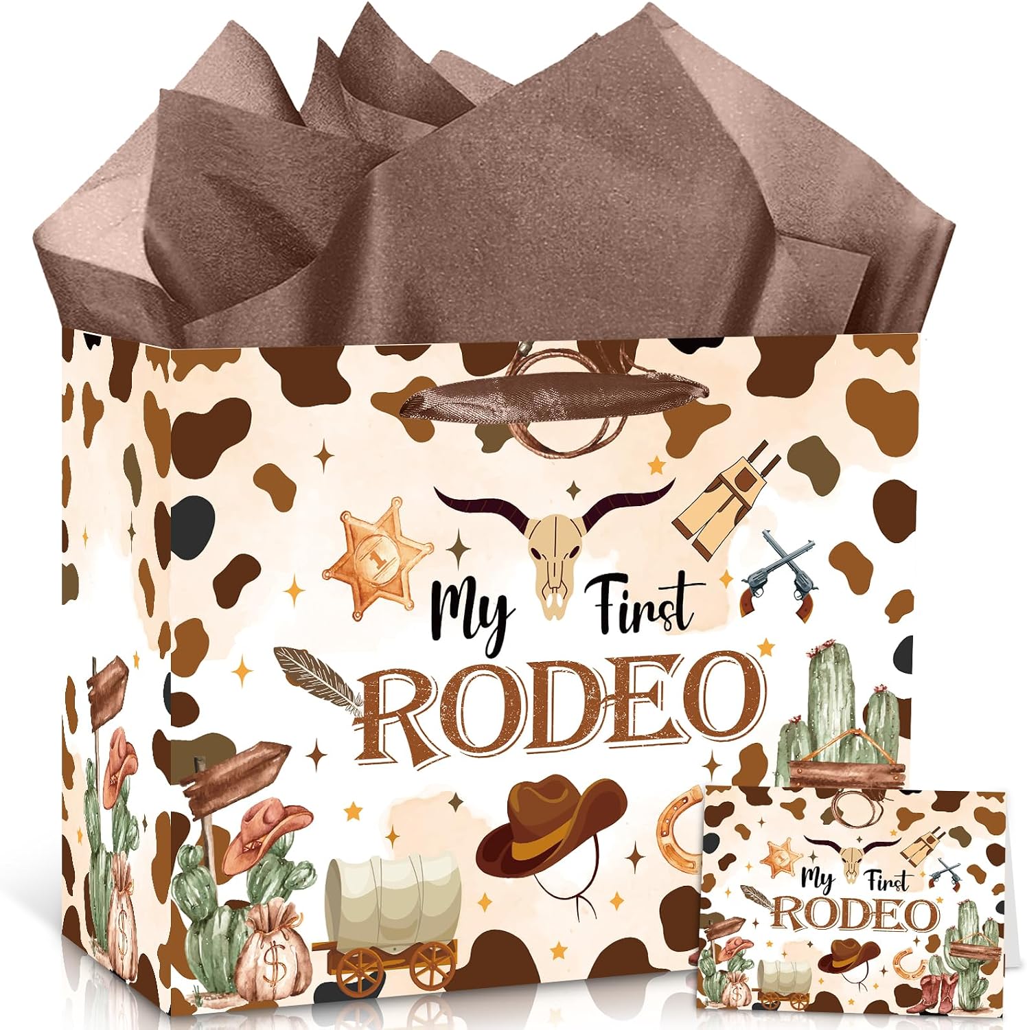 My First Rodeo Birthday Gift Bag Our Little Cowboy is Turning One Gift Bag with Tissue Paper Card Brown Wild West Western 1st Gift Wrapping Paper for Baby Boy Cowboy One Year Old Birthday Party Supply