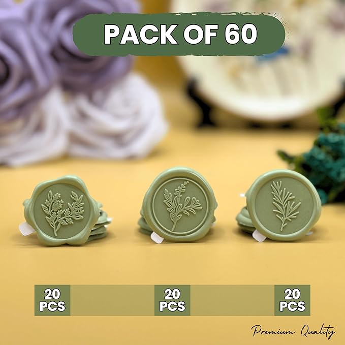Sage Green Wax Seal Stickers (60 Pcs, 3 Designs in 1 Pack) Premium Envelope Seal Stickers Wedding Invitation Envelopes, Adhesive Wax Seals Perfect for Seating Chart, Gift Wrapping