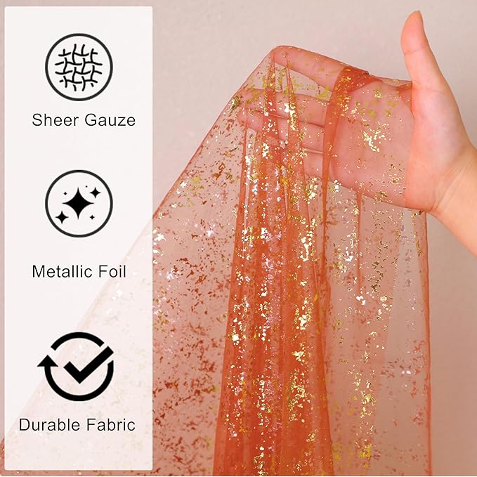 Snowkingdom 10 FT Fall Thanksgiving Table Runner Terracotta Gold Table Runner Burnt Orange Rust Sheer Chiffon Gauze Cheesecloth Golden Sequin Metallic Boho Table Decorations for Wedding Birthday