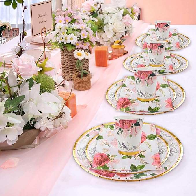 280 Pcs Thanksgiving Floral Paper Plates And Napkins Party Supplies - Bridal Shower Floral Plates,Flower Cups, Forks, Knives And Spoons, Napkins, Straws For Birthdays, Parties And Tea Parties