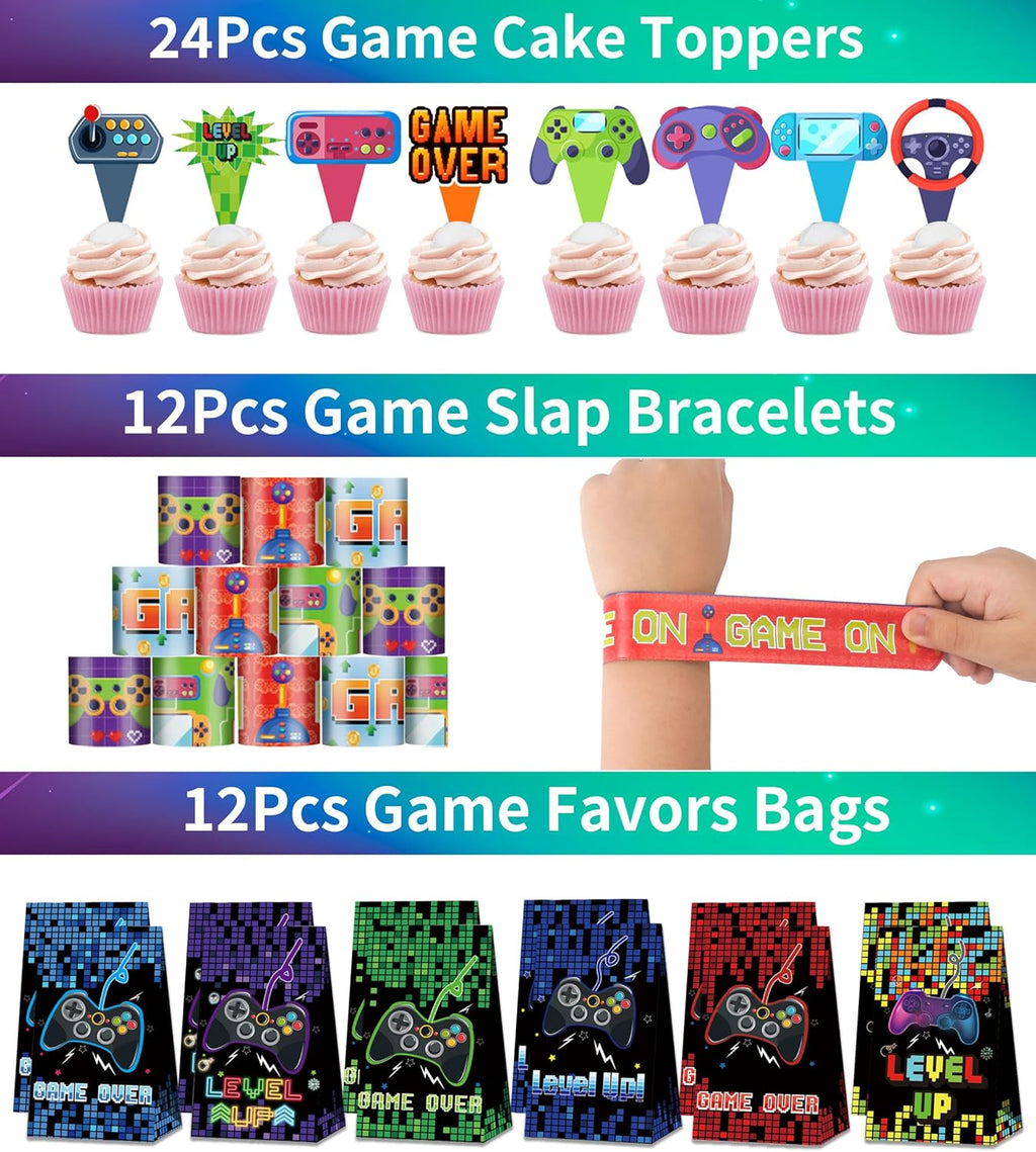 PLOUGVI 320PCS Video Game Party Favors for Kids-Including Goodie Bags, Glasses, Straws, Bubble Wands, Stickers, Cake Toppers, Tattoos & More-Perfect for Theme Party Decorations & Piñata Fillers