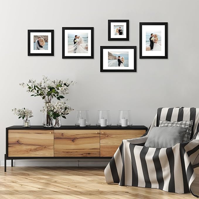 8x12 Picture Frame Set of 4 with HD Glass, Black Frame Display 6x8 Picture with Mat or 8 x 12 Without Mat, Wood Rustic Photo Frame for Tabletop and Wall Mounting