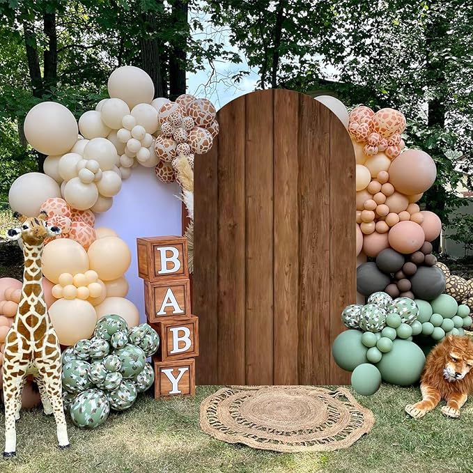 Wood Arch Cover 6.6ft Arch-Backdrop-Cover Jungle Theme Arched Stand Covers Wooden Arches Backdrop Double Sided Wood & White Cover for Back Drop Stand for Baby Shower Wild First Birthday Decor