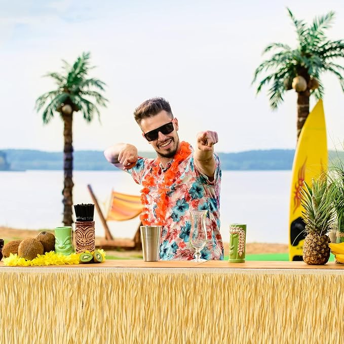 Fovths 6 Packs Luau Grass Table Skirt Fringe Straw Grass Skirt 108 x 30 Inch Hibiscus Hawaiian Table Skirts Rectangle Tropical Luau Party Decorations for Hawaiian Luau Decorations