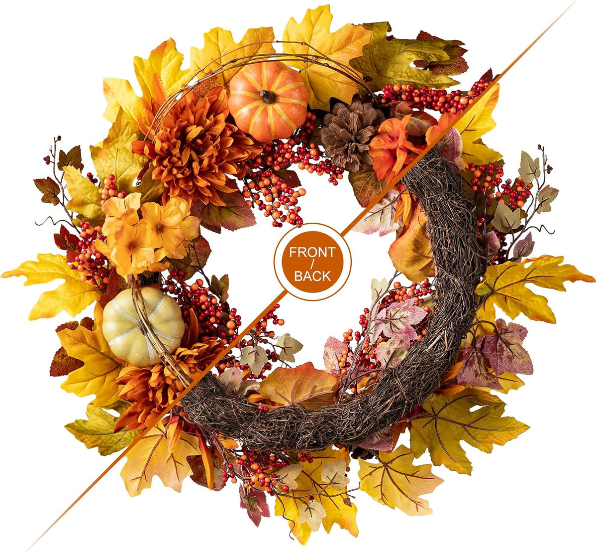 glitzhome 24 inch artificial fall wreath decor, autumn, front angle view