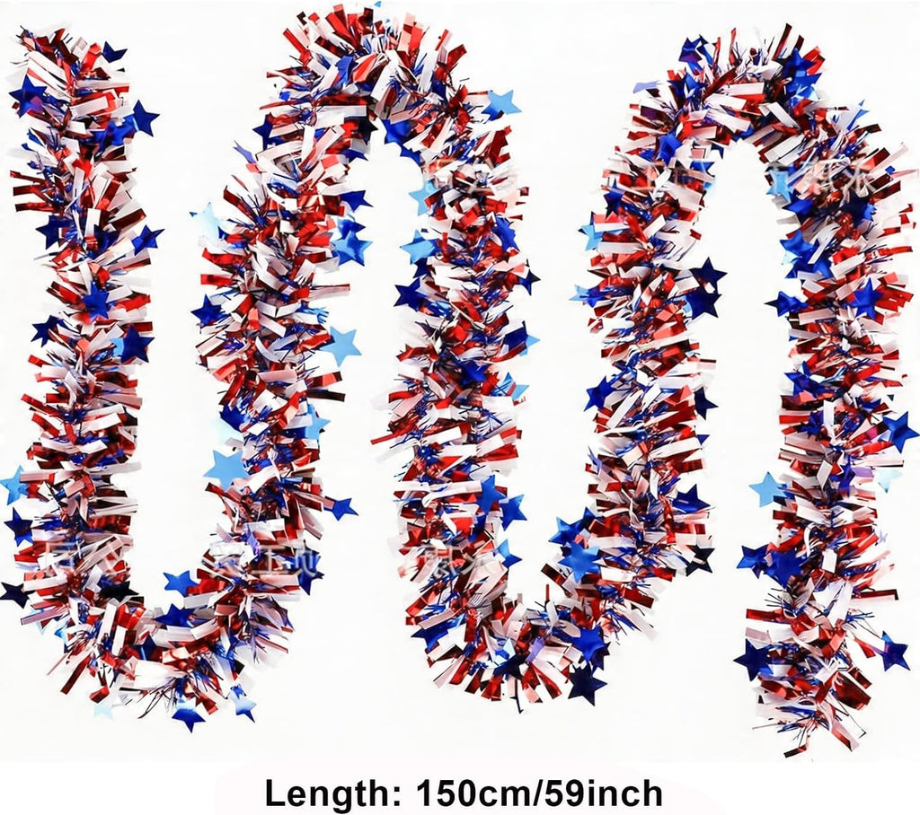 4th of July Garland Decorations, 50Ft Tinsel Garland Patriotic Decorations, Red White and Blue Garland for Memorial Day Decorations (Star)