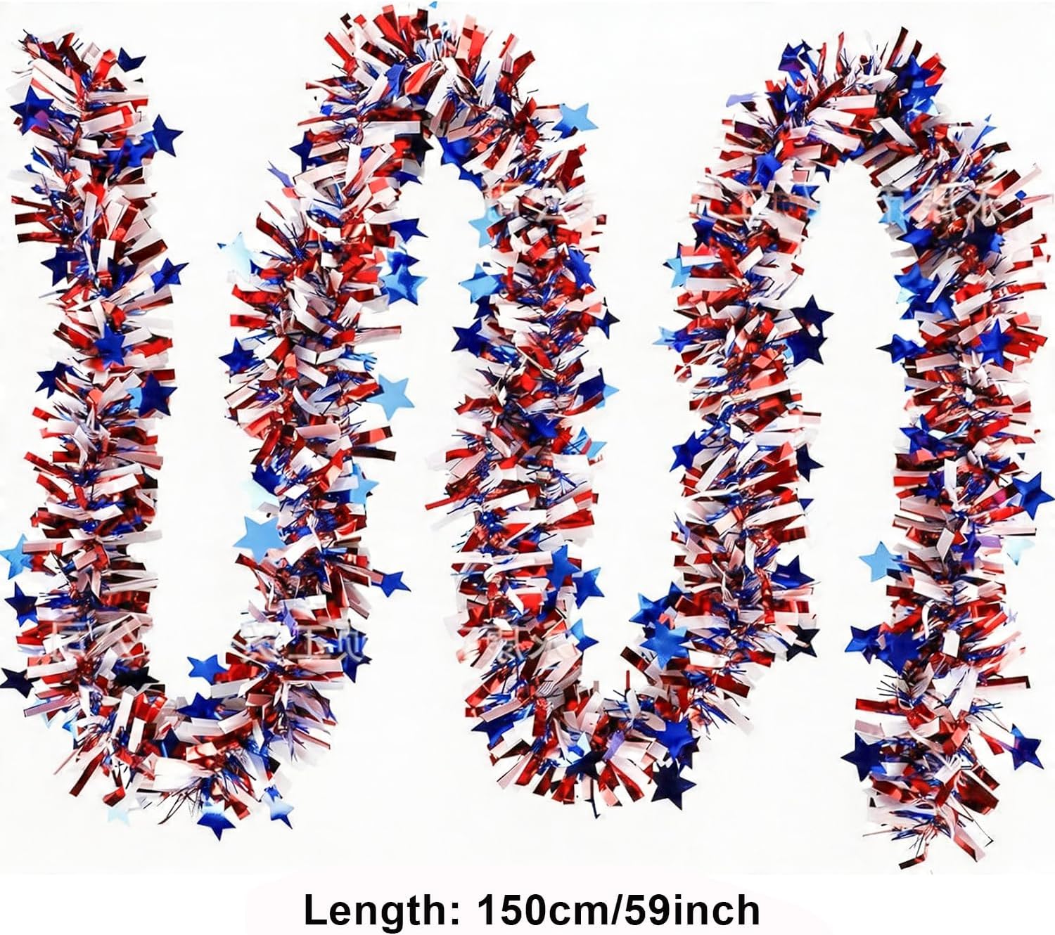 4th of July Garland Decorations, 50Ft Tinsel Garland Patriotic Decorations, Red White and Blue Garland for Memorial Day Decorations (Star)