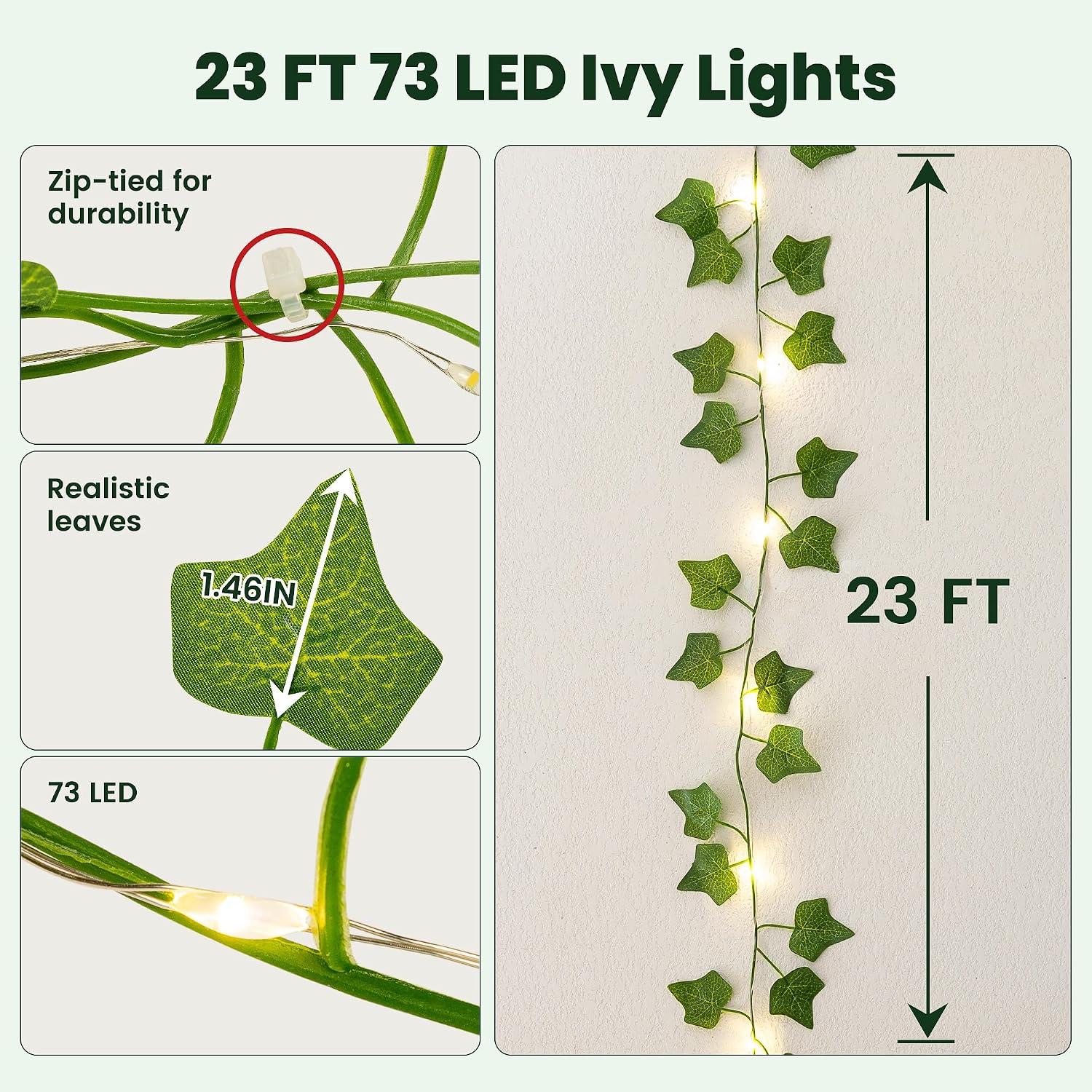 HEYFUNi 23ft Pre-Wrapped Ivy Vine Lights with 73 LEDs, USB or Battery Operated Artificial Greenery Garland for Bedroom Aesthetic, Dorm Room, Wedding Backdrop, Boho Wall Decor, Warm White