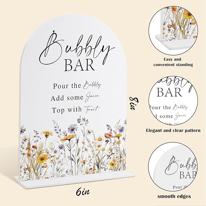 Wedding Signs for Ceremony and Reception, Boho Floral Acrylic Bubbly Bar Sign, Wedding Signage with Stand, Bridal Shower Table Centerpieces, Supplies for Engagement Reception and Event Party, 23