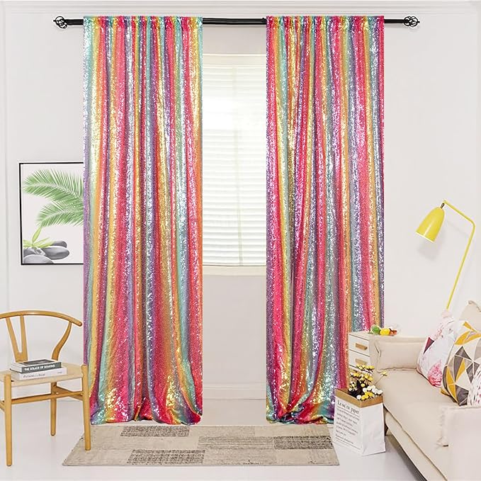 ShinyBeauty 4x10ft Rainbow Sequin Photo Backdrop - Glitter Wall Decor for Wedding, Birthday, Baby Shower - Reusable & Lightweight