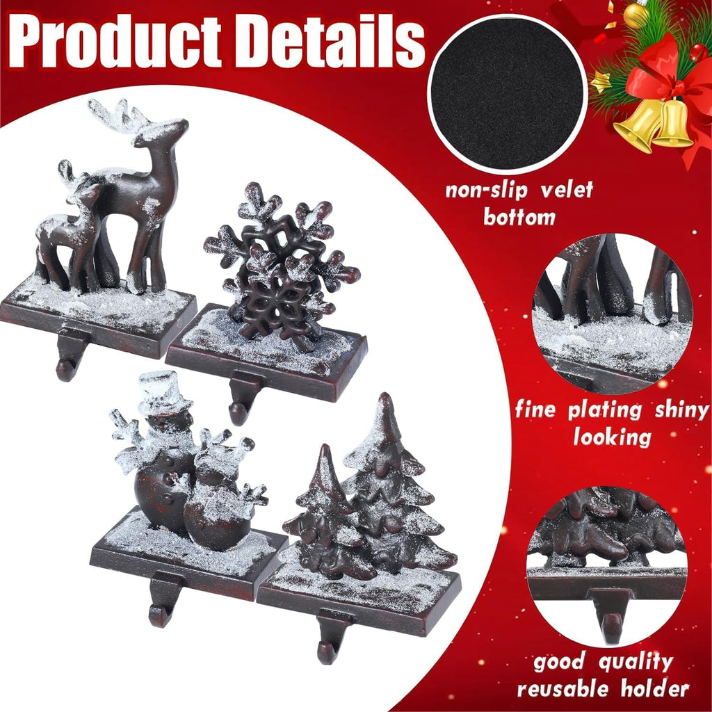 4PCS Iron Stocking Holders for Mantle Mantle Stocking Hanging Hook Xmas Weighted Christmas Stocking Holder Heavy Duty Farmhouse Vintage Fireplace Stocking Hanger for Christmas Decor (Iron,4)