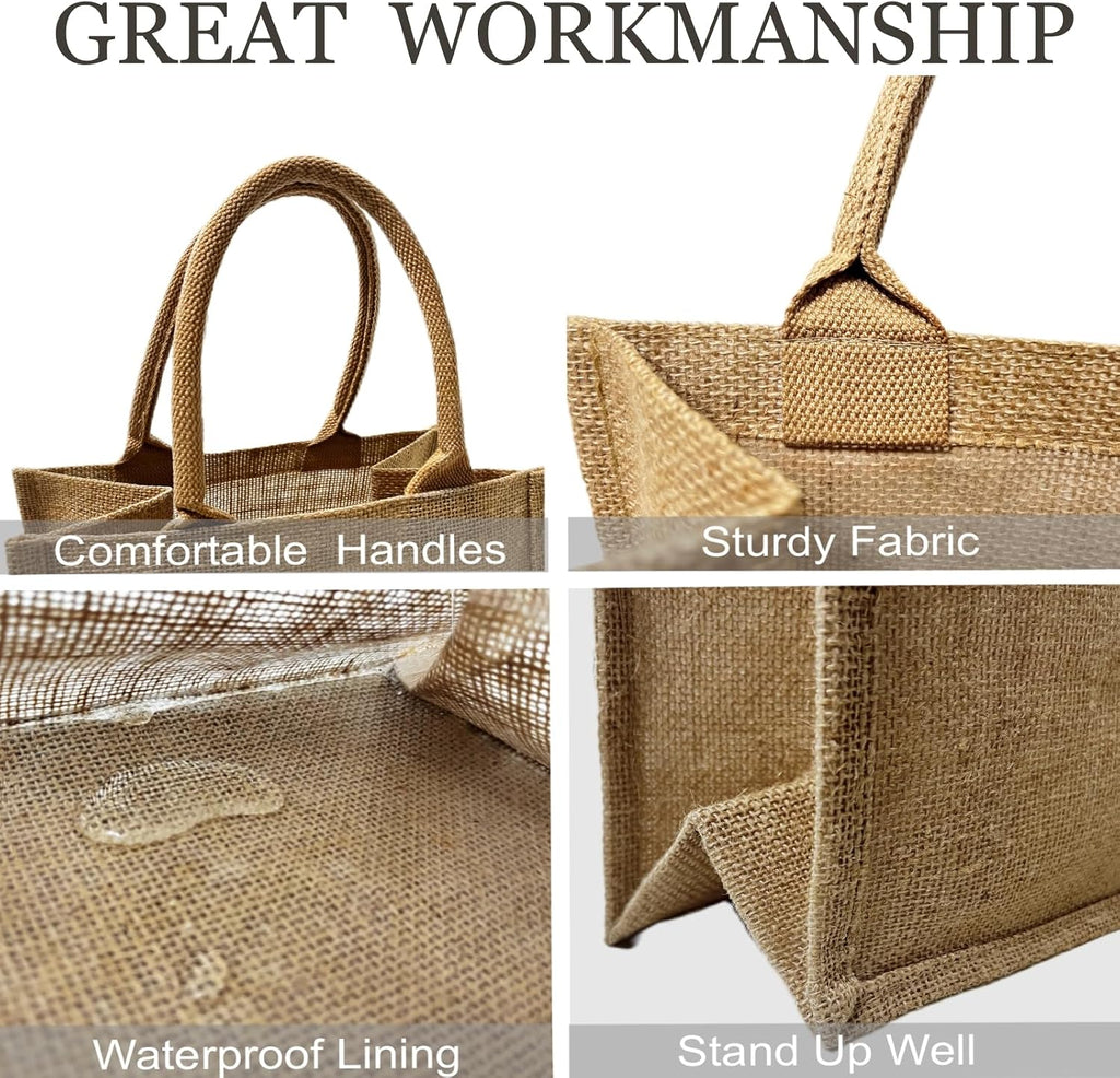 6 Pack Burlap Tote Bags with Handles Reusable Small Jute Gift Bags with Light Beige Silk Ribbons Waterproof Lining for Wedding Bridesmaid Mother's Day Bachelorette Beach Party