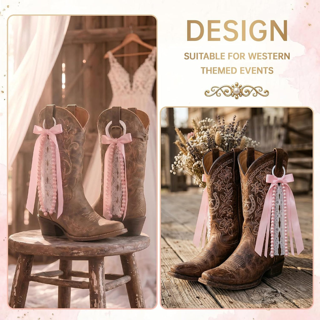 Pink Ribbon Bow Boot Bows for Cowgirl Boots, Pink Satin Ribbons with Glitter Pearl Lace Buffalo Plaid Boot Bows Holiday Birthday School Accessory Decor Pink Pearl