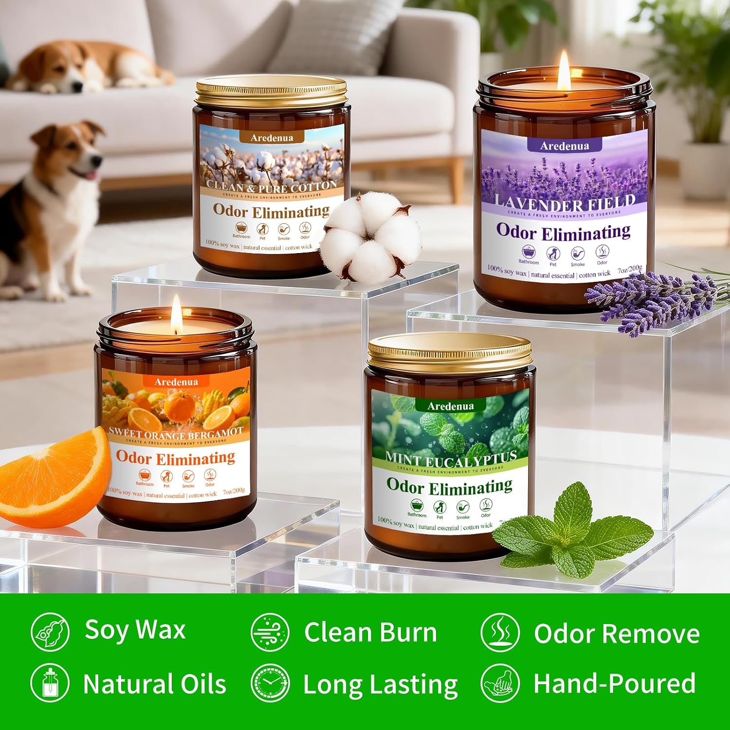4 Pack Odor Eliminating Candles Set - Eliminates 95% of Pet, Smoke, Food, and Other Smells Quickly - Air Freshing Scent of Lavender/Orange/Mint/Cotton - 28oz Soy Candles for Home Scented, 200 Hours