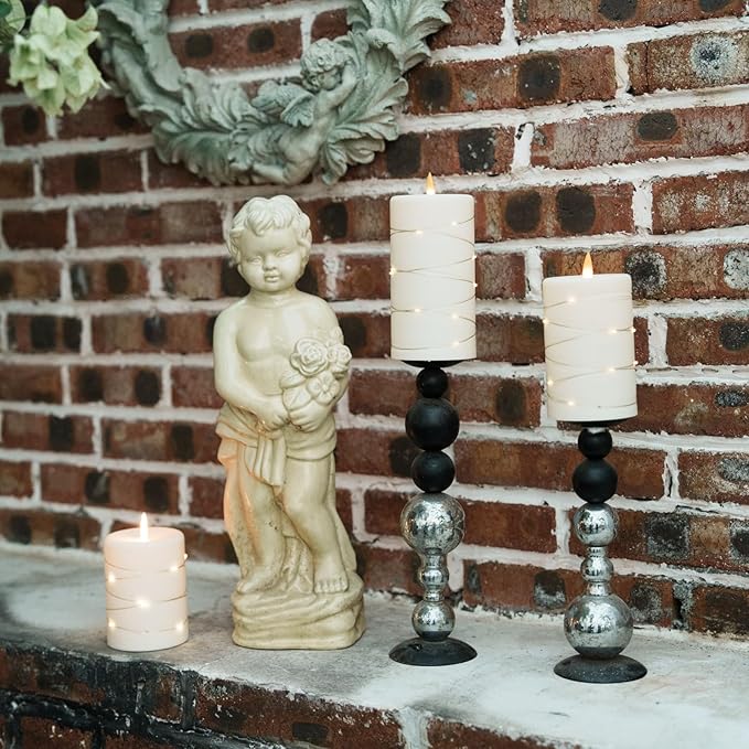 Upinmz Flickering Flameless LED Candles with String Lights, Remote Control and Timer - 3 Pack Ivory White Acrylic