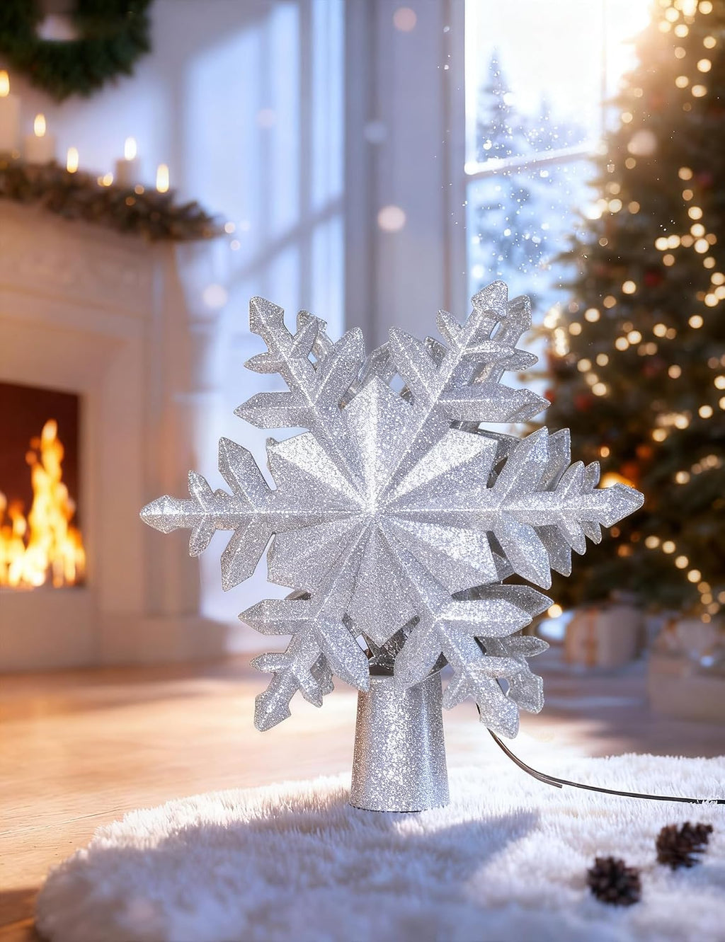 DG-Direct Christmas Tree Topper Lighted with Silver Snowflake Projector, Led Rotating Magic Snowflake, 3D Hollow Glitter Lighted Silver Snow Tree Topper for Christmas Tree Decorations