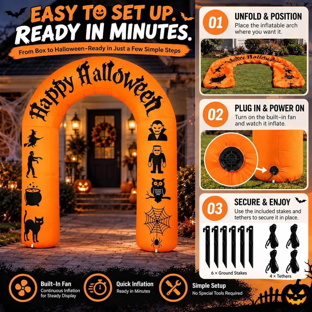 8ft halloween inflatable arch with led lights, orange on a desk or shelf
