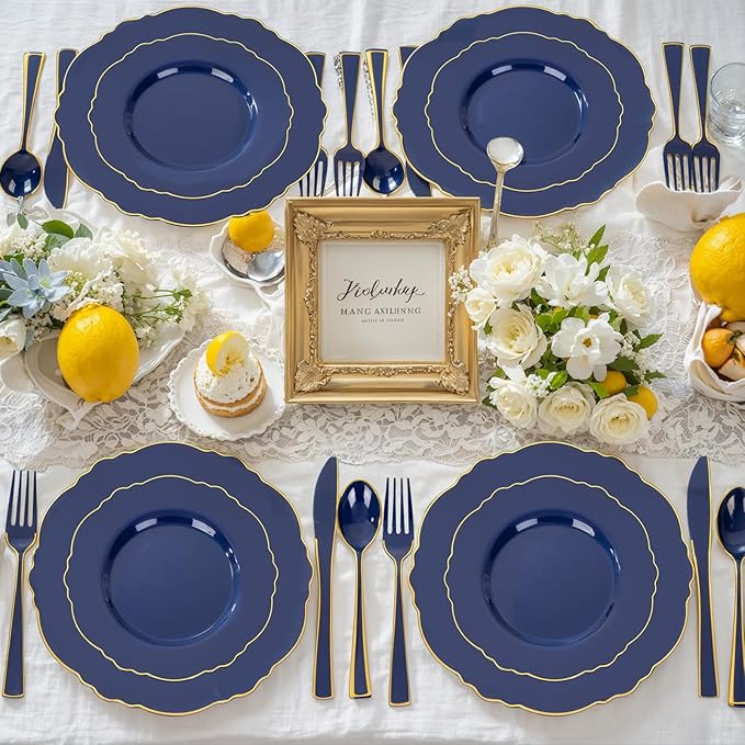WDF 180PCS Blue Plastic Silverware -Blue and Gold Plastic Cutlery 60 Forks, 60 Knives, 60 Spoons - Heavy Duty Disposable Silverware for Party/Wedding/Space Themed Birtyday Party