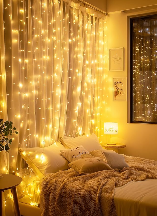 Brightown 300 LED Fairy Curtain Lights, 9.8ft x 9.8ft Warm White Curtain String Lights, USB Plug in 8 Lighting Modes Christmas Decoration, Hanging Lights with Remote for Bedroom Indoor Weddings Dorm