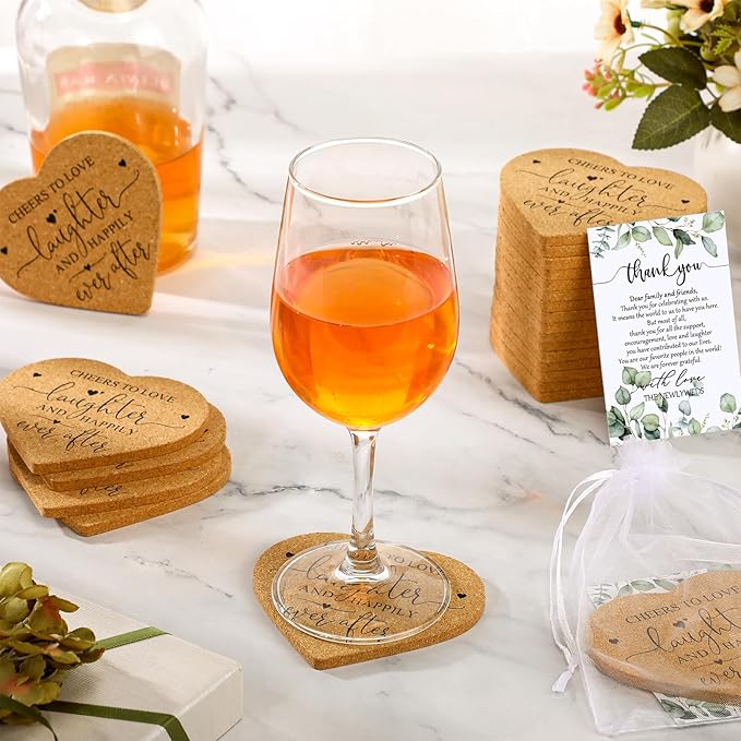 Uiifan 100 Set Wedding Favors for Guest Coaster Gifts Bulk Heart Shaped Coasters Thank You Cards Organza Bags Guest Souvenirs for Wedding Party Bridal Favors