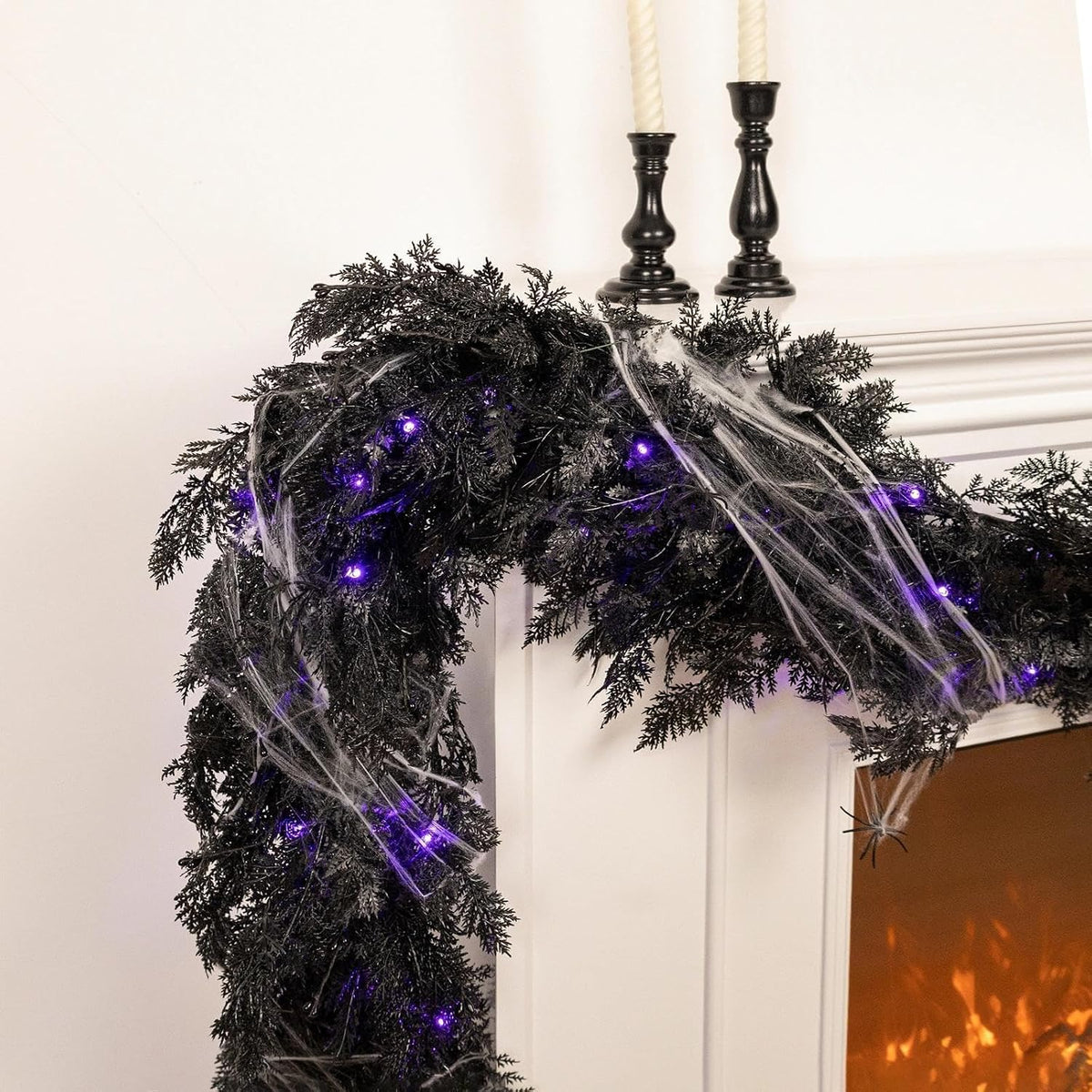 pre-lit halloween garland decorations black real touch cedar on a desk or shelf