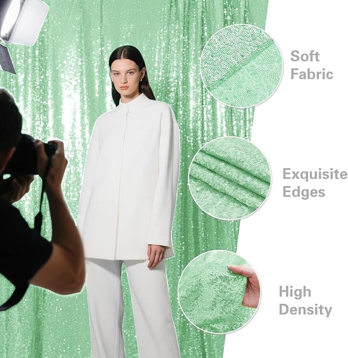 Mint Green Sequin Backdrop Curtain 2 Pieces 2FTx8FT Glitter Photography Backdrop for Party Wedding Birthday Christmas Decorations