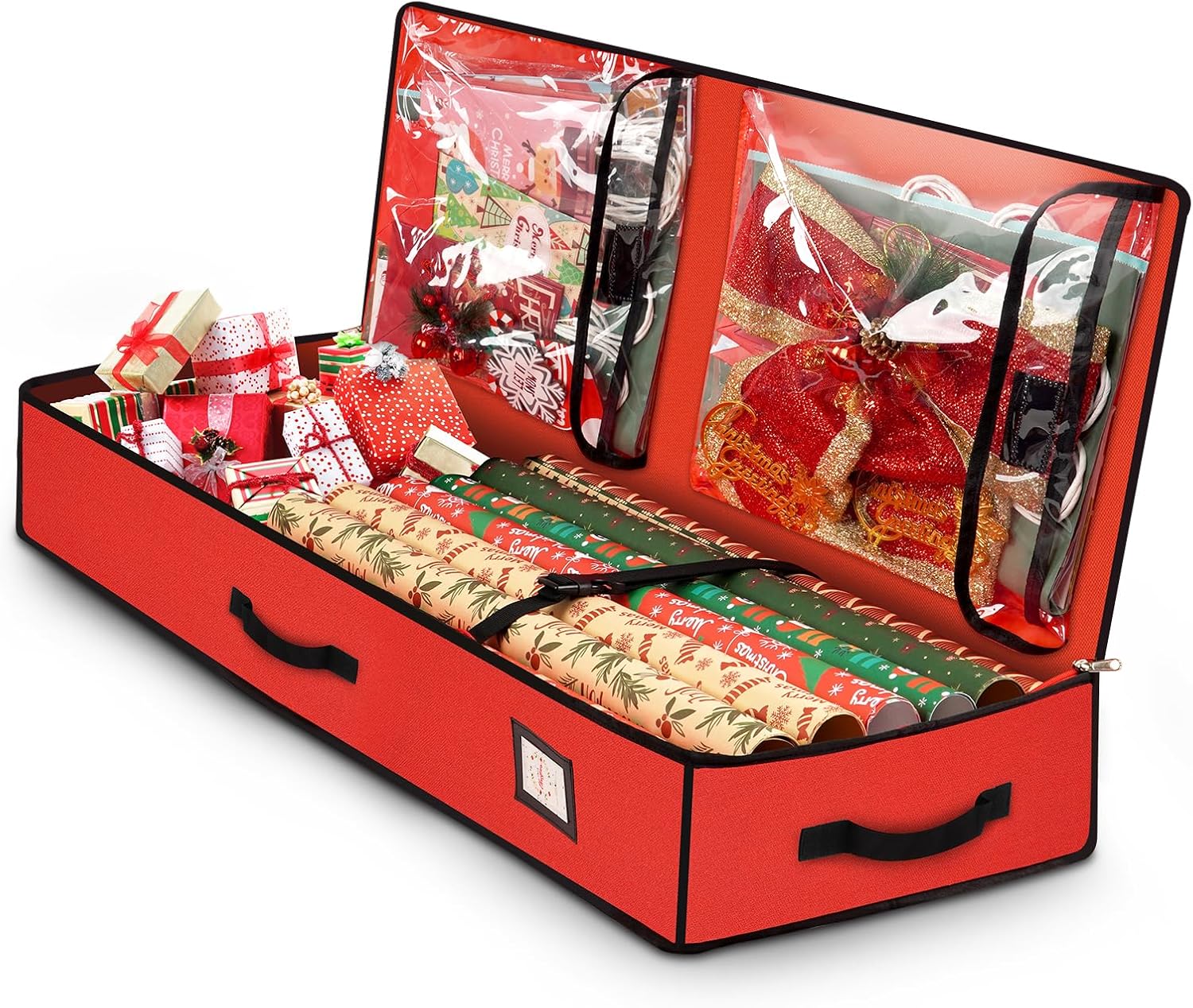 HikooLSS Wrapping Paper Organizer Storage Container 600D Heavy Duty (Red) | Tear Proof for Holiday Christmas Gift Wrapping Storage with Flexible Partitions Storage Container for Ribbon, Accessories