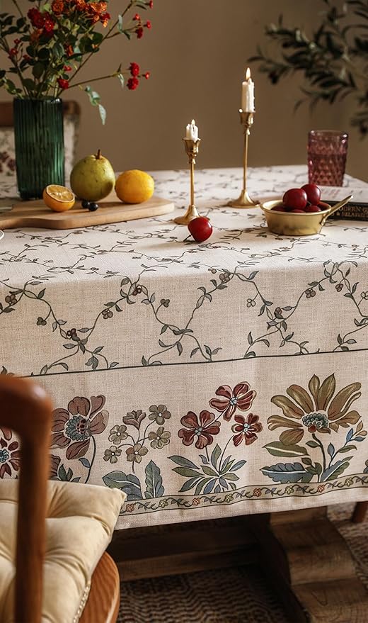 patdrea Designer Linen French Tablecloth for Rectangle Table,Fall Country Breathable Floral Extra Long Tablecloths,Table Cover for Kitchen Dining,Christmas,Thanksgiving,63"x110"-Oliveirad
