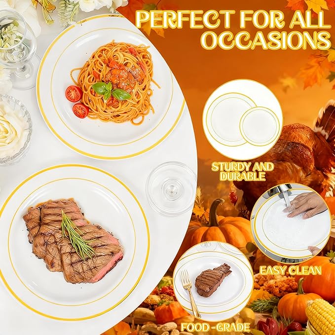 350 Pieces White and Gold Plastic Plates - 50 Guest Thanksgiving Dinnerware Set Include 100 Plates, 50 Plastic Silverware, 50 Napkins and 50 Cups for Thanksgiving