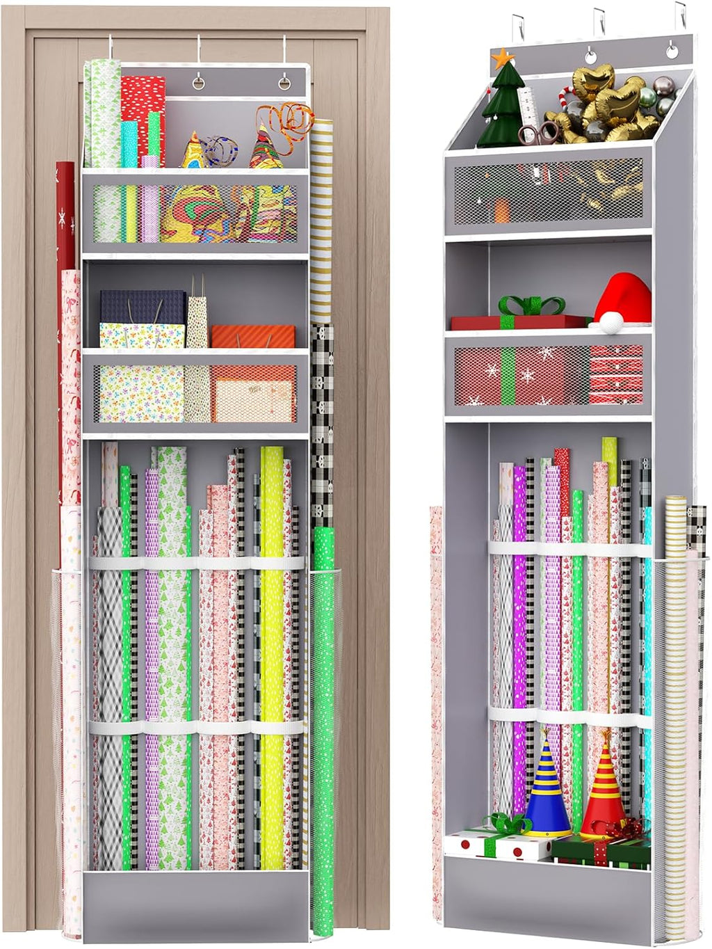 Over Door Wrapping Paper Organizer Hanging – Christmas Gift Wrap Storage for Ribbons, Bows, Ornament and Other Tools, Behind Door Long Craft Roll Holder Bag, Present Wrap Container, 1Pack, Gray