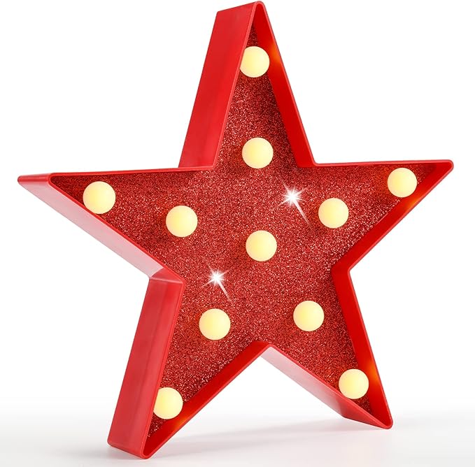 Pooqla Star Marquee Lights, Glitter LED Marquee, Red Light Up Star - Battery Powered Night Light for Birthday Party, Wedding, Christmas Decoration