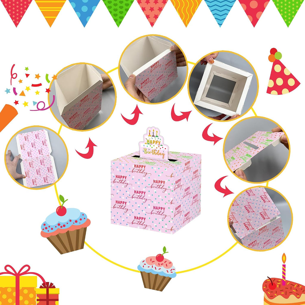 Azbuk Pink Birthday Pull-Out Money Gift Box for Any Age | Happy Birthday Money Box for Cash Gift with Pull Out Cake Card and 35Pcs Bags, A Fun and Loving Way to Offer Cash Gift
