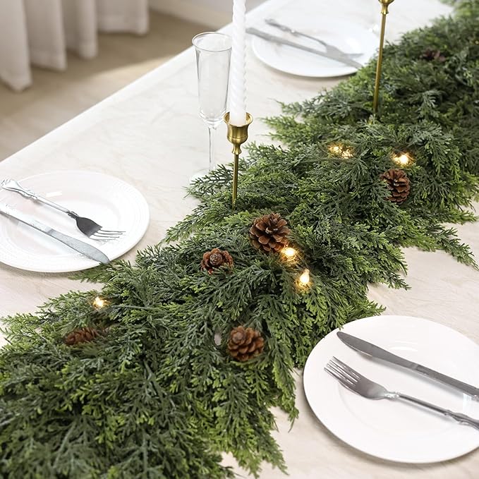 Real Touch Cedar Garland - Artificial Christmas Garlands Faux Green Cedar Fake Pine Needles Garland for Fireplace,Table, Stairs, Mantle, Window,Indoor Outdoor,Home,Holiday Decor(1 PCS,9 FT)