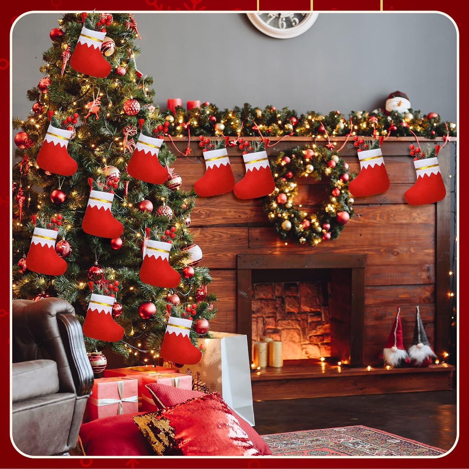 Ceenna 48 Pcs 5 Inch Mini Summer Christmas Stockings Bulk Felt Xmas Stockings July in Christmas Tree Hanging Ornament for Family Holiday Decoration DIY Craft Xmas Kids Stocking Bags(Classic)