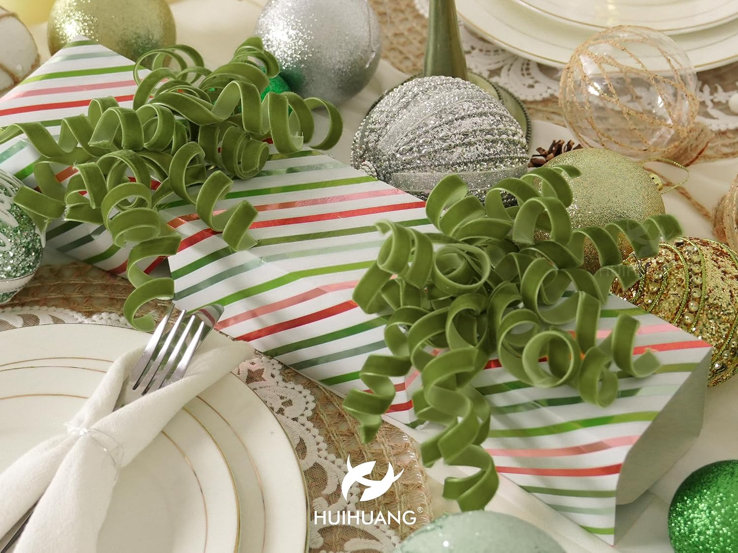 HUIHUANG Moss Green Bows for Gift Wrapping Self Adhesive Christmas Green Gift Bows Burst Curly Ribbon Bows for Presents, Gift Wrapping, Treat Bags, Party Favor, Crafts-6 inch x 6 Counts