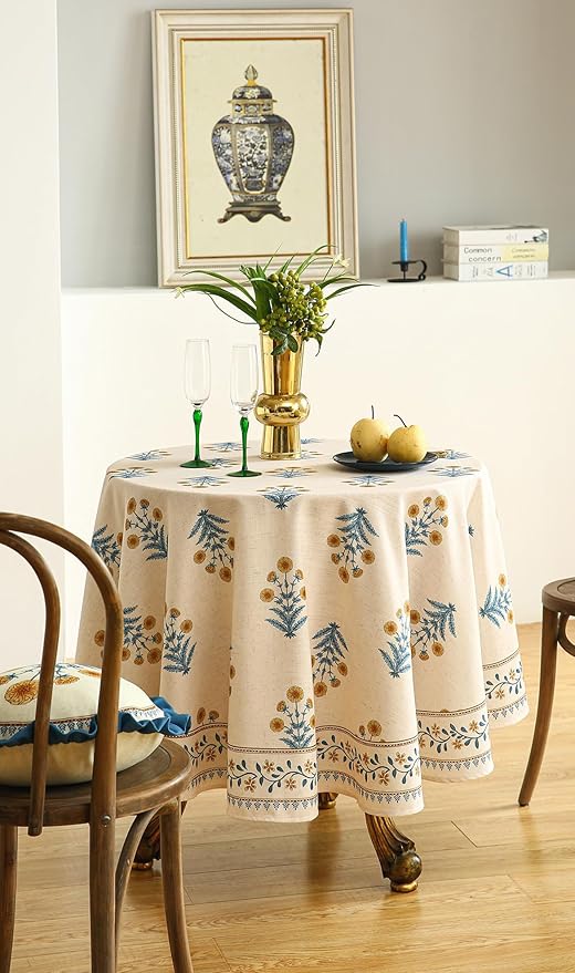 ISAENNE Designer French Pale Yellow Small Round Tablecloth,Linen Floral Table Cloth,Wrinkle Resistant Decor Tablecloths for Dining Thanksgiving Banquet Kitchen Party,Diameter 55"-Estevan A