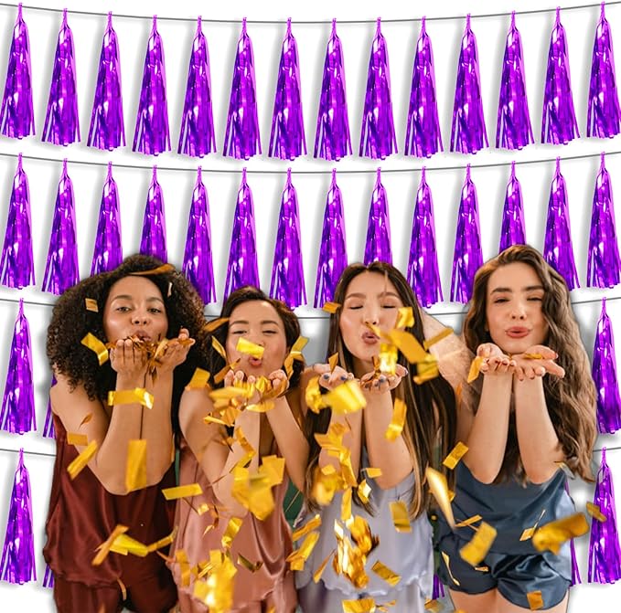 4P Purple Foil Fringe Tassel Banner Garland Metallic Tinsel Streamers Wall Hanging Curtain Backdrop Banner for Parade Floats, 2024 Graduation Decorations, Father's Day Party Decoration