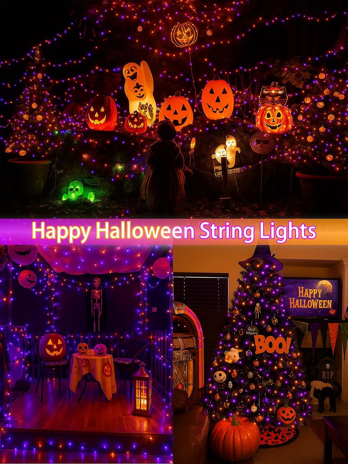 2 Pack 66FT 200 LED Halloween Lights Outdoor Indoor, Orange and Purple