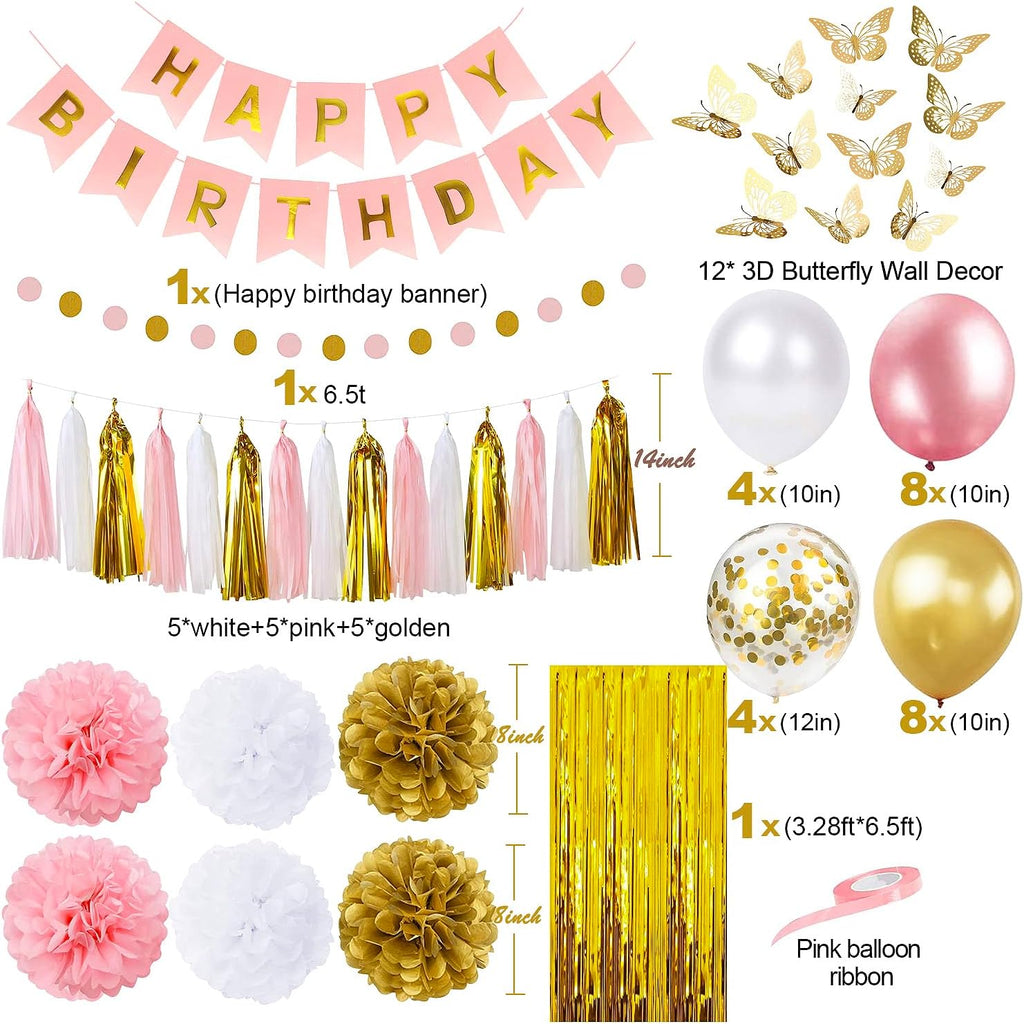 Pink and Gold Birthday Party Decorations for Women with Happy Birthday Banner,Curtains, Butterfly Wall,Circle Dots Garland,Tissue Pompoms,Paper Tassels Garland for Her