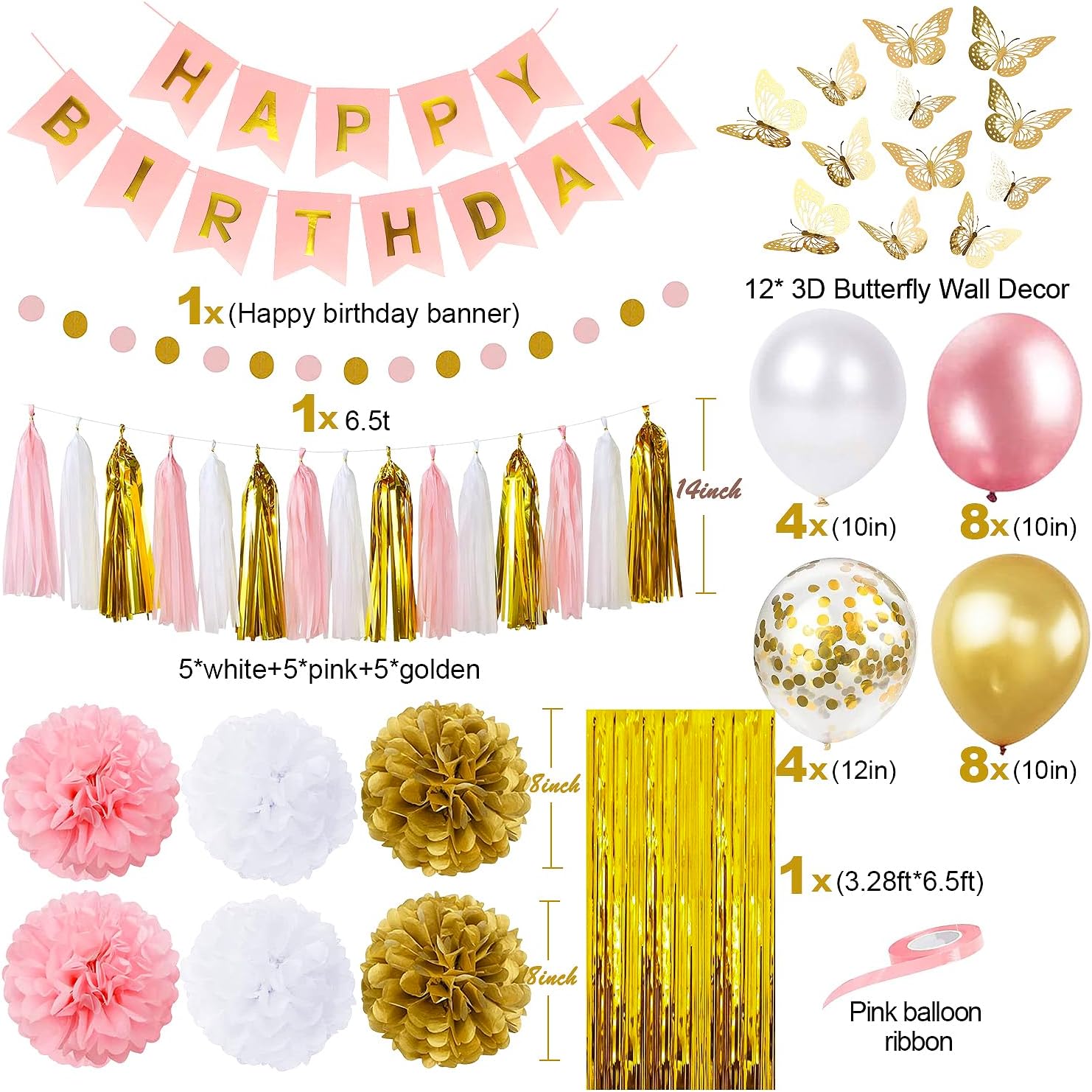 Pink and Gold Birthday Party Decorations for Women with Happy Birthday Banner,Curtains, Butterfly Wall,Circle Dots Garland,Tissue Pompoms,Paper Tassels Garland for Her