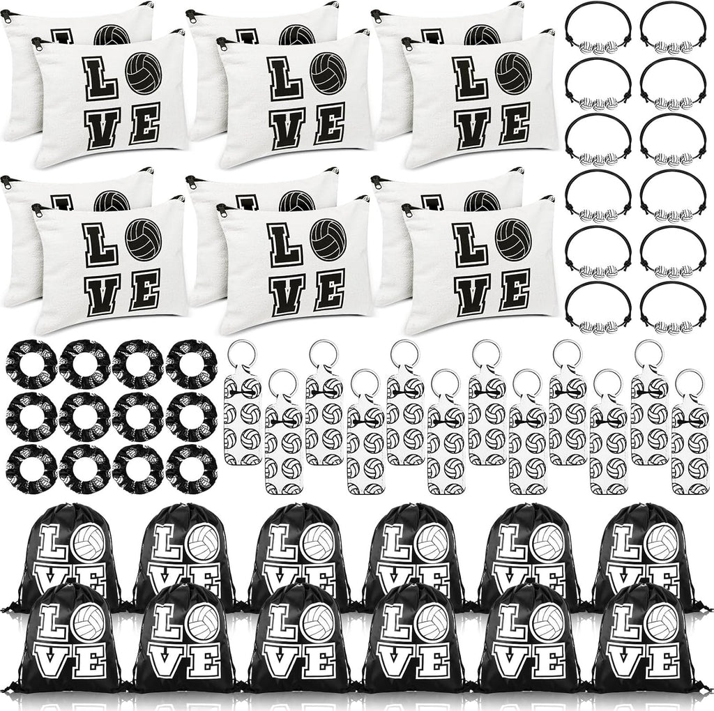 Tigeen 60 Pcs Volleyball Gifts for Teen Girls Volleyball Drawstring Gift Bags Charm Bracelet Hair Scrunchies Makeup Bag Lipstick Holders Keychain Sports Party Supplies