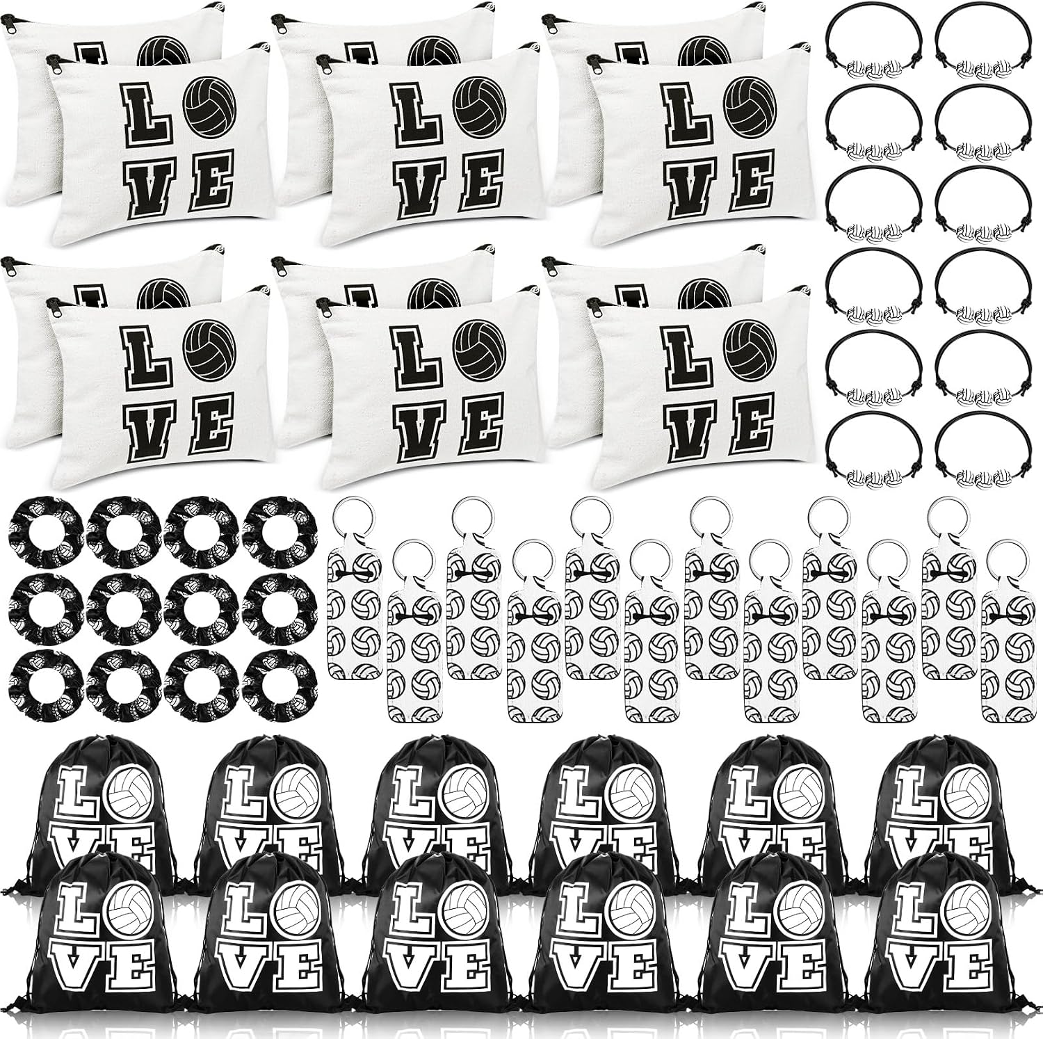 Tigeen 60 Pcs Volleyball Gifts for Teen Girls Volleyball Drawstring Gift Bags Charm Bracelet Hair Scrunchies Makeup Bag Lipstick Holders Keychain Sports Party Supplies